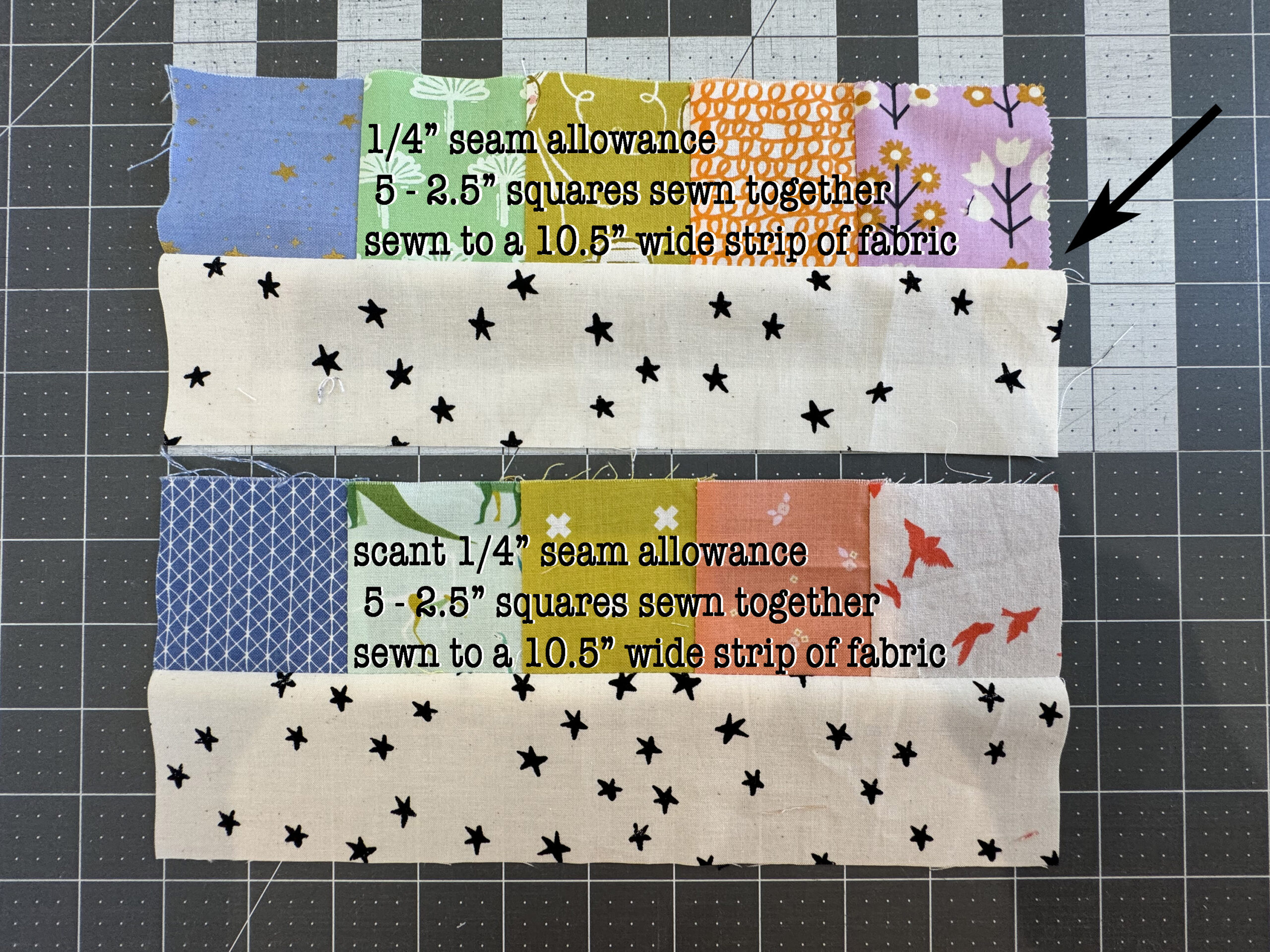 Woollypetals Scant 1/4" seam allowance image. 2 sets of 5 squares sewn to strips